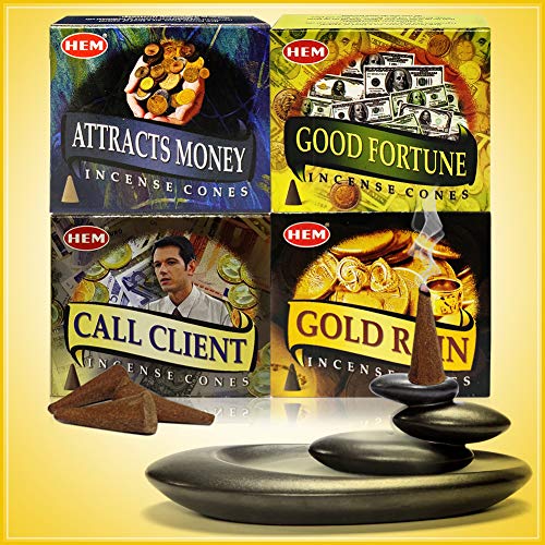 Hem Incense Cones Variety Pack #1 and Cone Incense Burner Bundle with 4 Money Luck and Business Themed Fragrances - color: Popular 4a