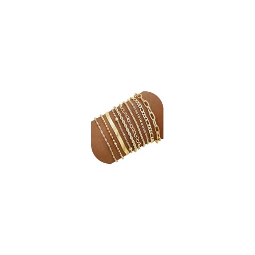 10 Pcs 14K Gold Plated Bracelet for Women, Dainty Stackable Chain Set - color: Gold