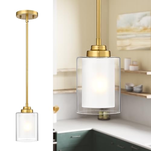 TENGXIN Brushed Gold Pendant Lights Kitchen Island, Dual Glass Shade - color: Brushed Gold, Dual Glass, size: 4"