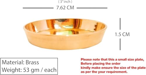 Brass Pooja Plate, Traditional Round Puja Thali Bowl for Religious Offerings, Gold Color, 3 Inch Diameter, 1.5 CM Height (2)
