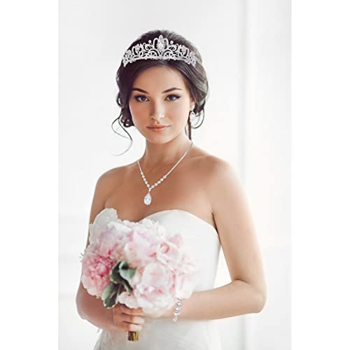 CIEHER 4/5 Pieces Women Jewelry Set - Rhinestone Crown + Drop Necklace + Elegant Bangle Bracelet + Crystal Teardrop Dangle Earrings for Bridal Wedding Party - color: Silver