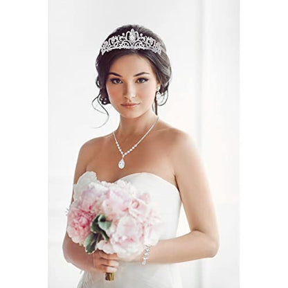 CIEHER 4/5 Pieces Women Jewelry Set - Rhinestone Crown + Drop Necklace + Elegant Bangle Bracelet + Crystal Teardrop Dangle Earrings for Bridal Wedding Party - color: Silver