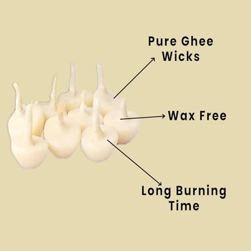 Pure Cow Ghee Lamp (Pack of 100 Pcs) Readymade Ghee Cotton Wicks | Arti Diya for Pooja | Ghee Wicks Batti | Easy Ghee Diya Wicks|Ghee Candles Cow Ghee Wicks |Ghee Jyoti Batti - size: Pack of 100