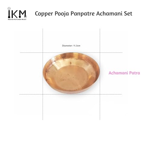 IKM Copper Pooja Panchpatra Achamani Set, 3 Pieces, Includes Small Glass, Plate, and Serving Spoon