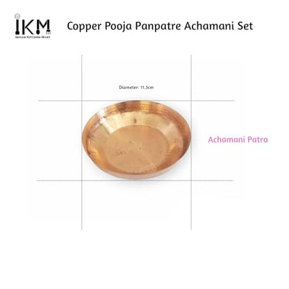 IKM Copper Pooja Panchpatra Achamani Set, 3 Pieces, Includes Small Glass, Plate, and Serving Spoon