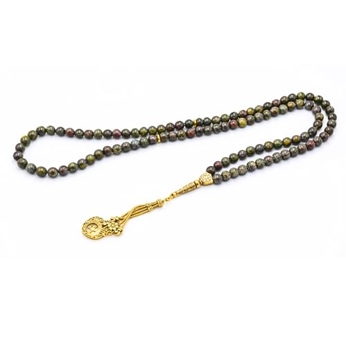 Amazing Gemstone Crystal Tasbeeh with Moon and Star Charm - Certified Crystal Muslim Prayer Beads Natural Gemstone Tasbih Gift for Ramadan Dhikr and Daily Namaz (G) - color: Dragon Bloodstone