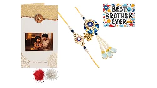 Premium Designer Bhaiya Bhabhi Rakhi Set with Lumba, Greeting Card, Roli Chawal & Fridge Magnet - color: Design-5