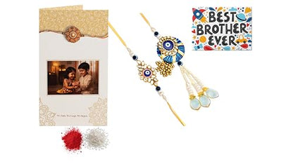 Premium Designer Bhaiya Bhabhi Rakhi Set with Lumba, Greeting Card, Roli Chawal & Fridge Magnet - color: Design-5