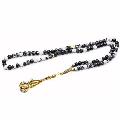 Amazing Gemstone Crystal Tasbeeh with Moon and Star Charm - Certified Crystal Muslim Prayer Beads Natural Gemstone Tasbih Gift for Ramadan Dhikr and Daily Namaz (G) - color: Black and White Jasper