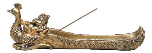 Ebros Gift Golden Supreme Hindu God Ganapati Baby Ganesha Sleeping On Peacock Incense Stick Burner Holder Hinduism Vastu God of Wisdom Success and Prosperity Altar Decor Figurine