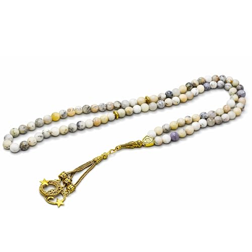 Amazing Gemstone Crystal Tasbeeh with Moon and Star Charm - Certified Crystal Muslim Prayer Beads Natural Gemstone Tasbih Gift for Ramadan Dhikr and Daily Namaz (G) - color: Dendrite Opal