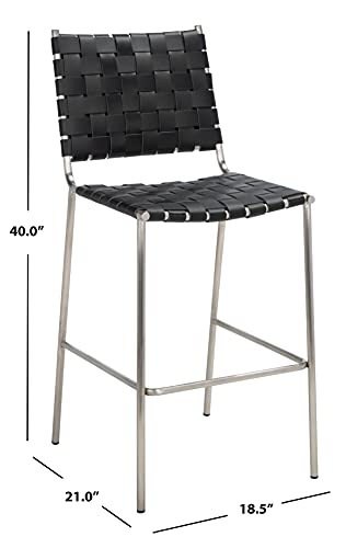 SAFAVIEH Home Collection Bahari Black Woven Leather/Silver 26-inch Kitchen Island Breakfast Nook Counter Stool (Fully Assembled) - color: Black/Silver