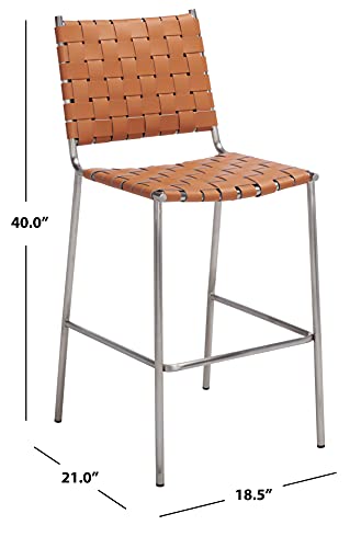 SAFAVIEH Home Collection Bahari Cognac Woven Leather/Silver 26-inch Kitchen Island Breakfast Nook Counter Stool (Fully Assembled) - color: Cognac/Silver
