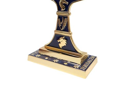 Jerusalem Blue Enamel 7 Branch Menorah 10.8" high, with 12 Tribes of Israel, Candlestick Candle Holders (10.8 inch) - color: Golden Blue
