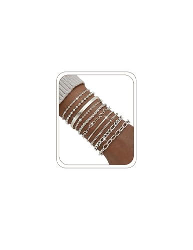 10 Pcs 14K Gold Plated Bracelet for Women, Dainty Stackable Chain Set - color: Silver
