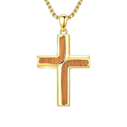 ROMANTICWORK Cross Pendant Necklace 14k Gold Plating Christian Crucifix Necklace Religious Confirmation Jewelry Gifts for Men Women - color: Wooden Cross