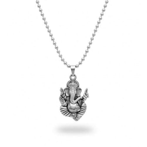 Oxidised Silver Tone Lord Ganesha Ganpati Vighnaharta Spiritual Pendant Necklace for Men Women