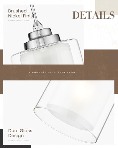 TENGXIN 3-Light Brushed Nickel Pendant Lights Kitchen Island, Dual Glass - color: Brushed Nickel, Dual Glass, size: 4", 3-Light