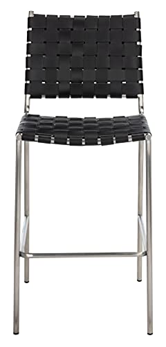 SAFAVIEH Home Collection Bahari Black Woven Leather/Silver 26-inch Kitchen Island Breakfast Nook Counter Stool (Fully Assembled) - color: Black/Silver
