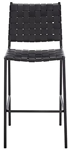 SAFAVIEH Home Collection Bahari Black Woven Leather/Black 26-inch Kitchen Island Breakfast Nook Counter Stool (Fully Assembled) - color: Black
