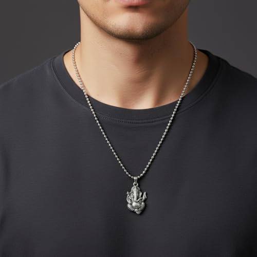 Oxidised Silver Tone Lord Ganesha Ganpati Vighnaharta Spiritual Pendant Necklace for Men Women