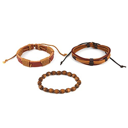 HZMAN Handmade Hemp Cords Wood Beads Leather Bracelets for Men Women - style: Wooden bead style 2