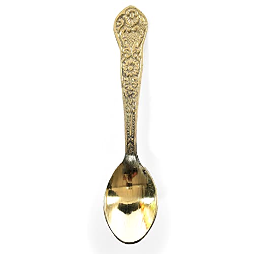 Decorative Brass Flower Design Pooja Thali Set of 4 Pcs,Indian Traditional Brass Pooja 1 Plate with 1 Bowl, 1 Glass and 1 Spoon for Temple and Home Bhog Thali Set Gift (Size:-8'')(Golden) - size: 7 Inches