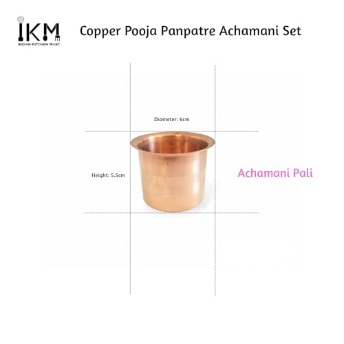 IKM Copper Pooja Panchpatra Achamani Set, 3 Pieces, Includes Small Glass, Plate, and Serving Spoon
