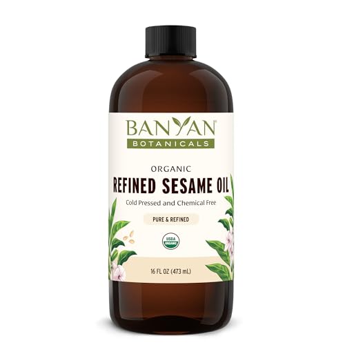 Banyan Botanicals Organic Refined Sesame Oil – Premium Ayurvedic Massage Oil for Body & Skin – Light & Mild Scented Warming Oil for Abhyanga Self-Massage – 16 oz – USDA Organic - size: 16 Fl Oz (Pack of 1)