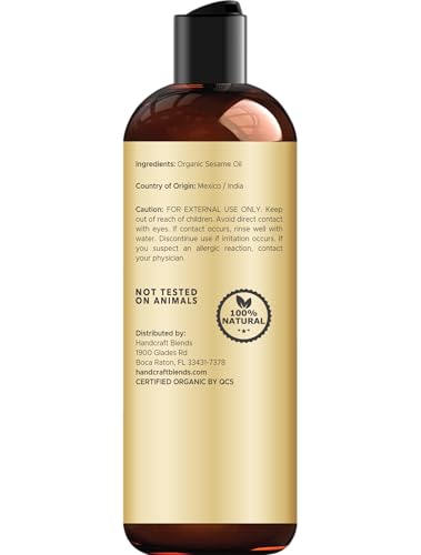 Handcraft Blends Organic Sesame Oil - 8 Fl Oz - 100% Pure and Natural - Premium Grade Carrier Oil for Skin and Hair - Hair and Body - Massage - Expeller-Pressed and Hexane-Free - size: 8 Fl Oz (Pack of 1)
