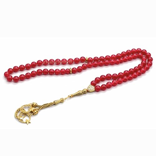 Amazing Gemstone Crystal Tasbeeh with Moon and Star Charm - Certified Crystal Muslim Prayer Beads Natural Gemstone Tasbih Gift for Ramadan Dhikr and Daily Namaz (G) - color: Ruby Jade (dye)