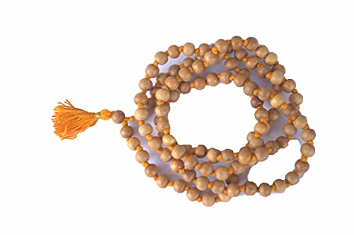8MM Tulsi mala Beads Necklace Holy Basil 108 + 1 Beads Ram Japa Prayer Mala Energized 108 Hindu Tibetan Buddhist Rosary for Chanting Mantra - color: Orange Tessel