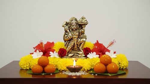 Brass Hanuman Ji Idol 2.5 Inches - Lord Bajrangbali Carrying Sanjivani Mountain, Miniature Solid Brass Statue for Home Puja, Office Desk & Auspicious Gifting - size: Flying Hanuman