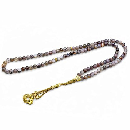 Amazing Gemstone Crystal Tasbeeh with Moon and Star Charm - Certified Crystal Muslim Prayer Beads Natural Gemstone Tasbih Gift for Ramadan Dhikr and Daily Namaz (G) - color: Botswana Agate