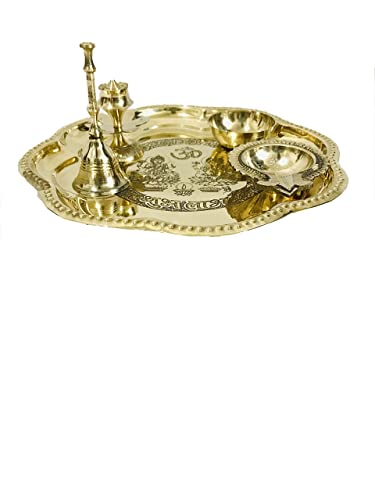 Brass thali Set 5 pcs Pooja Brass bhog thali Set Embossed Laxmi Ganesha shubh labh Plate Puja Aarti thali Home Mandir Temple Accessory Spiritual Gifts karwa chauth Heart Red Velvet Box - 8.5 inch