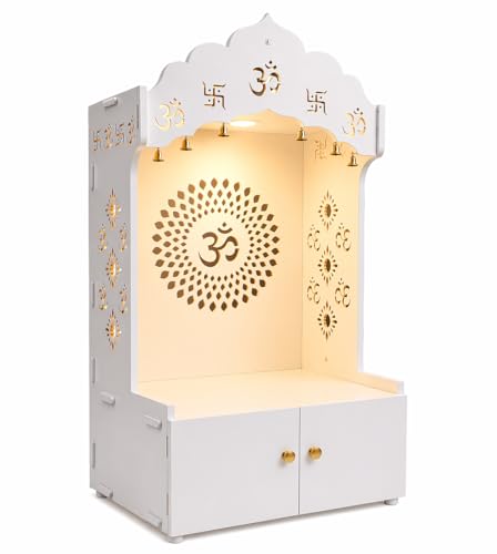 Om Chakra Floor Temple with Spacious Wooden Shelf Inbuilt Focus Light Finish, 38 inch, 57 cm White - color: White2, size: Large
