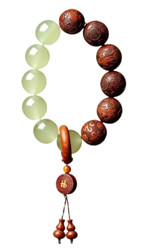 Pear Wood Buddha Beads Mala Bracelet Hand Carved Wooden Beads with Luminous Jade Lucky Charms Wealth Attracting Buddhist Prayer Bracelet for Men and Women Healing Energy Running Ring - color: Brown and green