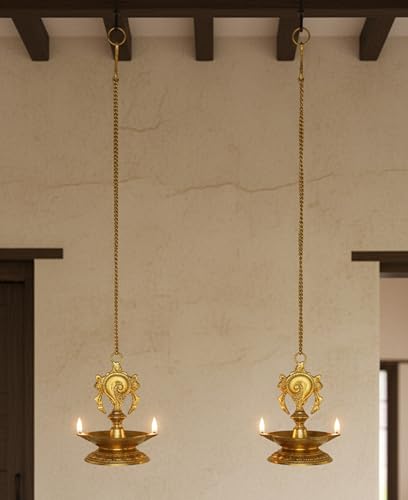 StonKraft - Pair of Brass Hanging Diya, Oil Lamp, Lamp for Home and Office (Hanging Length 25.75")
