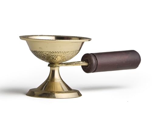 Esplanade Brass Aarti Diya with Wooden Handle – Traditional Deepak for Pooja, Temple, Diwali Oil Lamp, Navratri Diya, Dhoop Dani (with Handle) - style: with Handle
