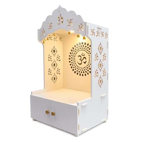 Om Chakra Floor Temple with Spacious Wooden Shelf Inbuilt Focus Light Finish, 38 inch, 57 cm White - color: White2, size: Large
