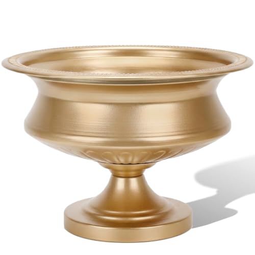 WORTH 8" H. Gold Color Urn Vase for Centerpieces, 11.8" Dia. Classic Metal Trumpet Small Flower Pot for Table, Bowl Vase for Wedding Party Event Home Decor, Smooth, Non-Aged Finish - color: Gold, size: Short - 1 Pack