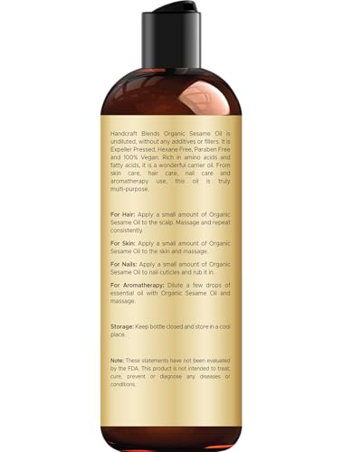 Handcraft Blends Organic Sesame Oil - 8 Fl Oz - 100% Pure and Natural - Premium Grade Carrier Oil for Skin and Hair - Hair and Body - Massage - Expeller-Pressed and Hexane-Free - size: 8 Fl Oz (Pack of 1)