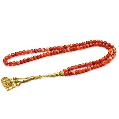 Amazing Gemstone Crystal Tasbeeh with Moon and Star Charm - Certified Crystal Muslim Prayer Beads Natural Gemstone Tasbih Gift for Ramadan Dhikr and Daily Namaz (G) - color: Red Banded Agate