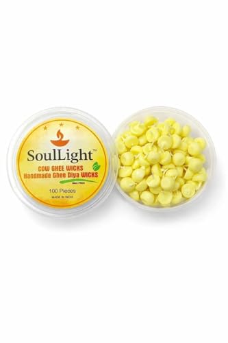 SoulLight Cow Ghee Diya Wicks (100 Pieces) | Handmade Ready-to-Use Pooja Batti | Wax-Free Traditional Diya Wicks | Made in India
