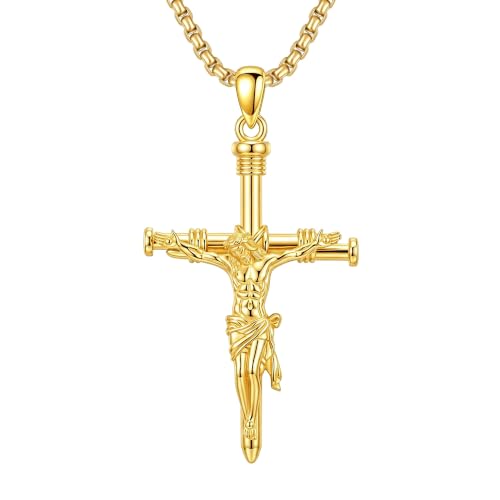 ROMANTICWORK Cross Pendant Necklace 14k Gold Plating Christian Crucifix Necklace Religious Confirmation Jewelry Gifts for Men Women - color: Jesus Cross