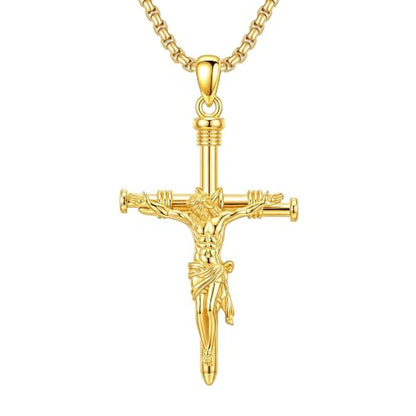 ROMANTICWORK Cross Pendant Necklace 14k Gold Plating Christian Crucifix Necklace Religious Confirmation Jewelry Gifts for Men Women - color: Jesus Cross