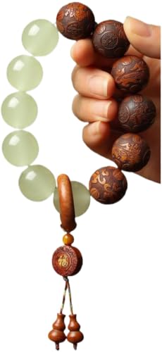 Pear Wood Buddha Beads Mala Bracelet Hand Carved Wooden Beads with Luminous Jade Lucky Charms Wealth Attracting Buddhist Prayer Bracelet for Men and Women Healing Energy Running Ring - color: Brown and green