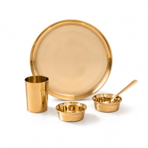 P•TAL Pure Kansa 5 Piece Dinner Thali Set | 100% Handcrafted Bronze Dinnerware | 11 Inch Thali, 2 Bowls, 1 Glass & 1 Spoon | Traditional Golden Indian Dining Set | Ayurvedic Bronze Utensils