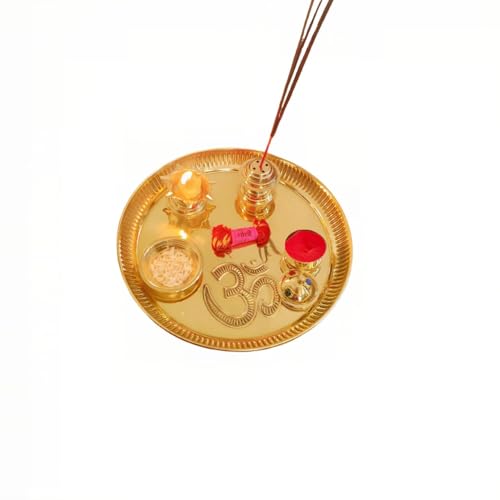 Brass Puja Thali Set Pooja Plate with Bowl, Diya, Kumkum & Incense Holder (Dia 8 inch)