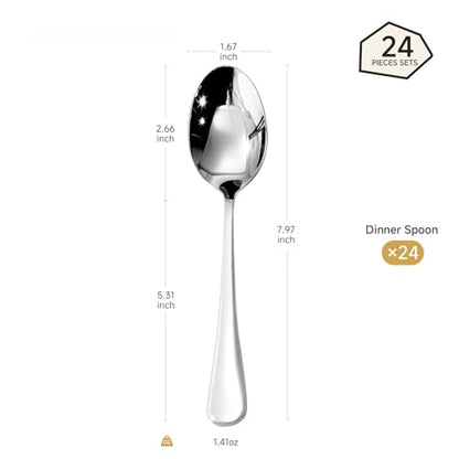 HIKAA 24 Pcs Dinner Spoons Set, 18/10 Stainless Steel Spoons - size: 24-Piece, style: DINNER SPOONS